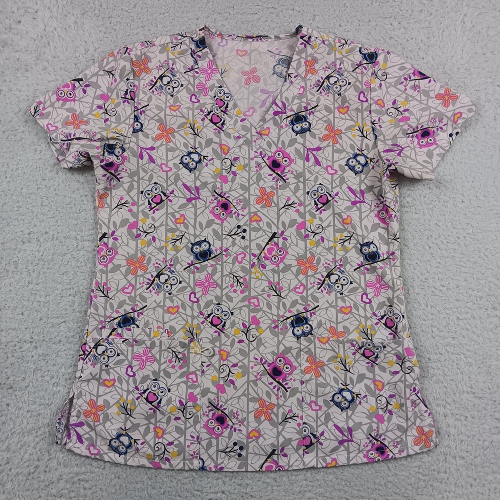 Owl Floral Print V-Neck Medical Scrub Top Women Small Multicolor 543-14